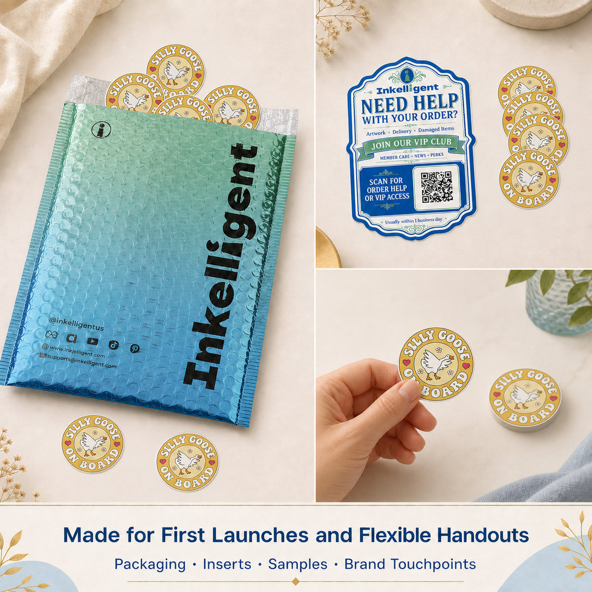 Two-inch gloss stickers prepared with event samples and creator handouts