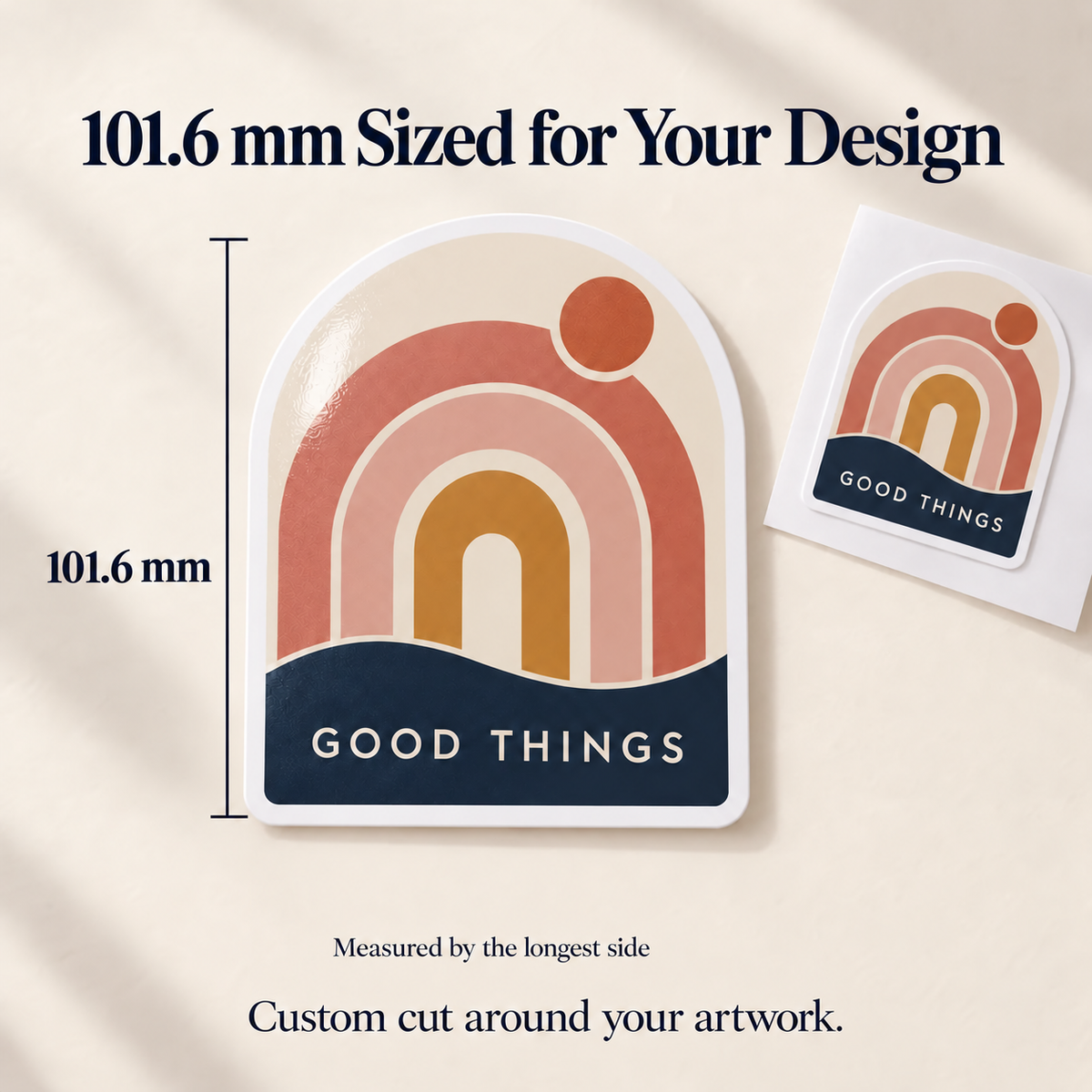 GOOD THINGS custom gloss vinyl stickers - 4-inch longest-side size guide