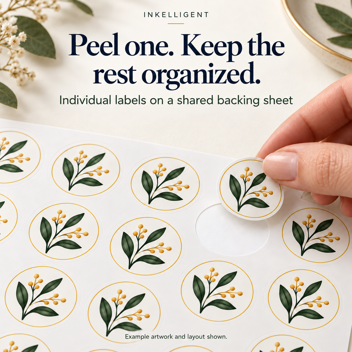 Inkelligent custom sheet labels; example artwork and layout. 03 peel and apply