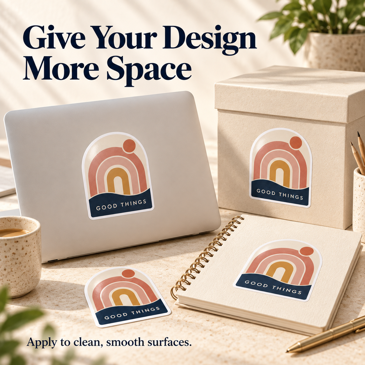 GOOD THINGS custom gloss vinyl stickers - laptop, notebook and packaging examples