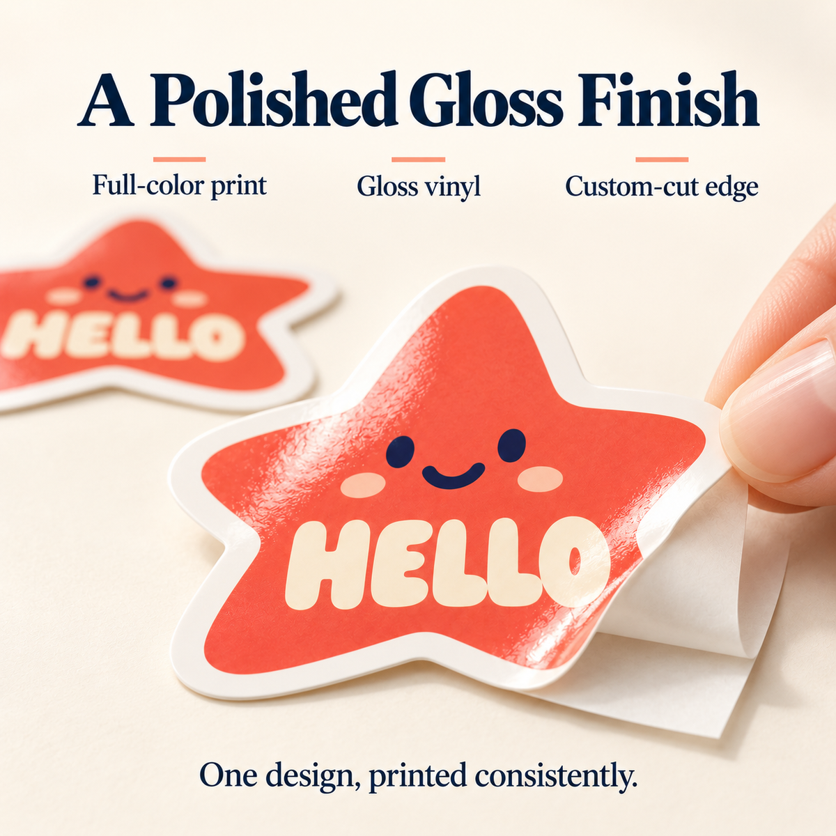 Gloss vinyl, full-color print and custom-cut edge detail of HELLO star sticker