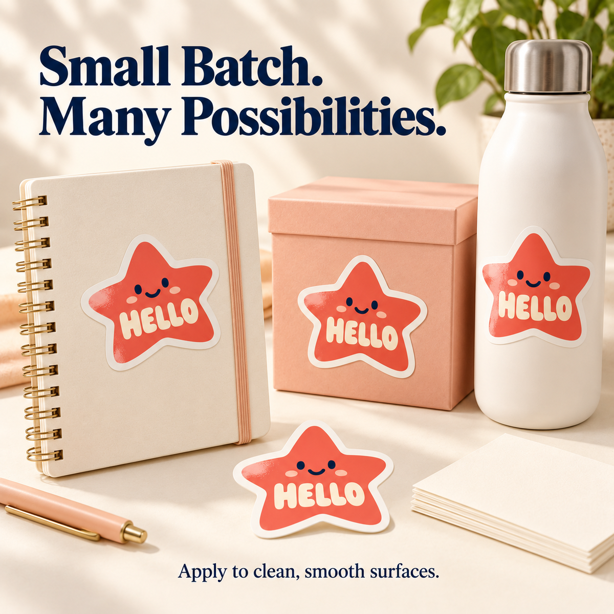Custom HELLO star stickers shown on notebook, gift box and reusable bottle