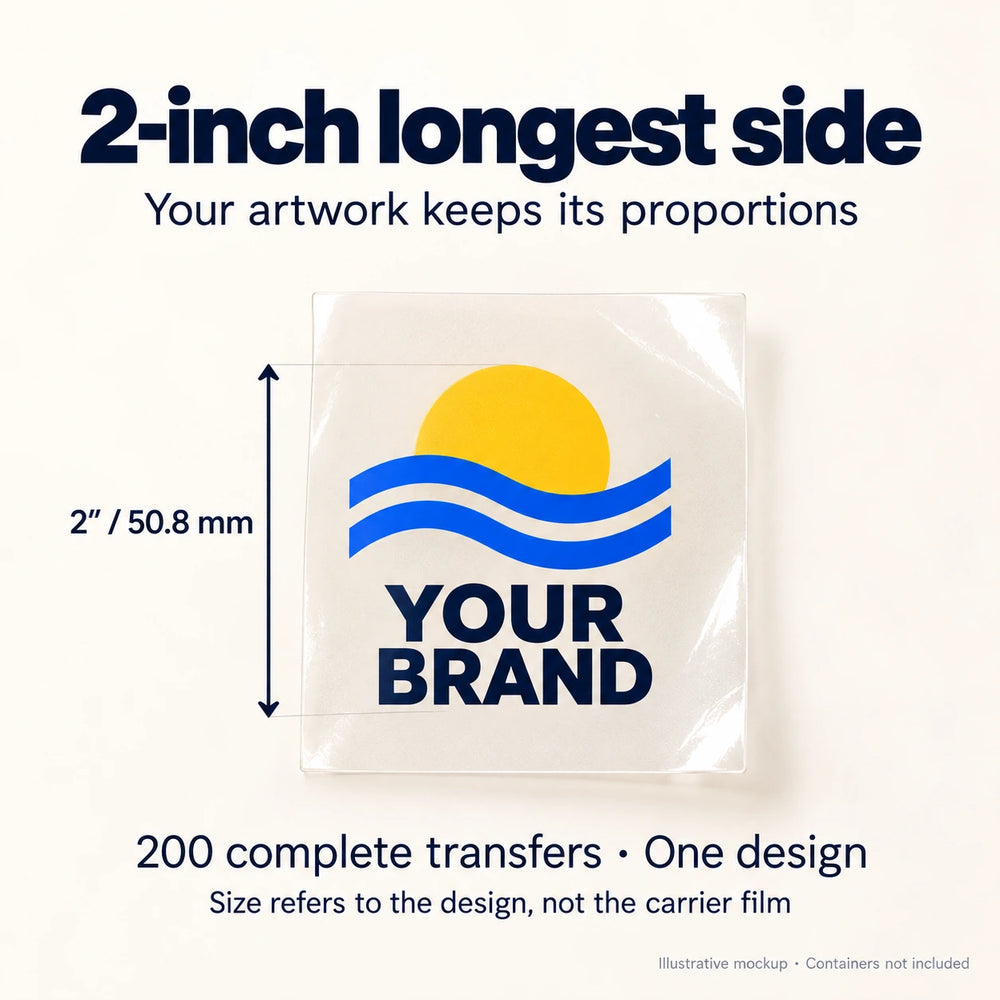 2-inch transfer stickers — size guide showing the 2-inch / 50.8 mm longest side; one design, 200 transfers