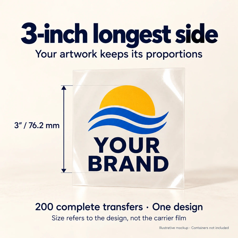 3-inch transfer stickers — size guide showing the 3-inch / 76.2 mm longest side; one design, 200 transfers