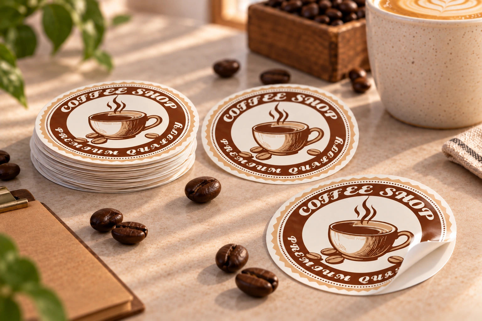 Illustrative small batch of coffee-themed gloss vinyl stickers with a low stack and a peeled-corner sample