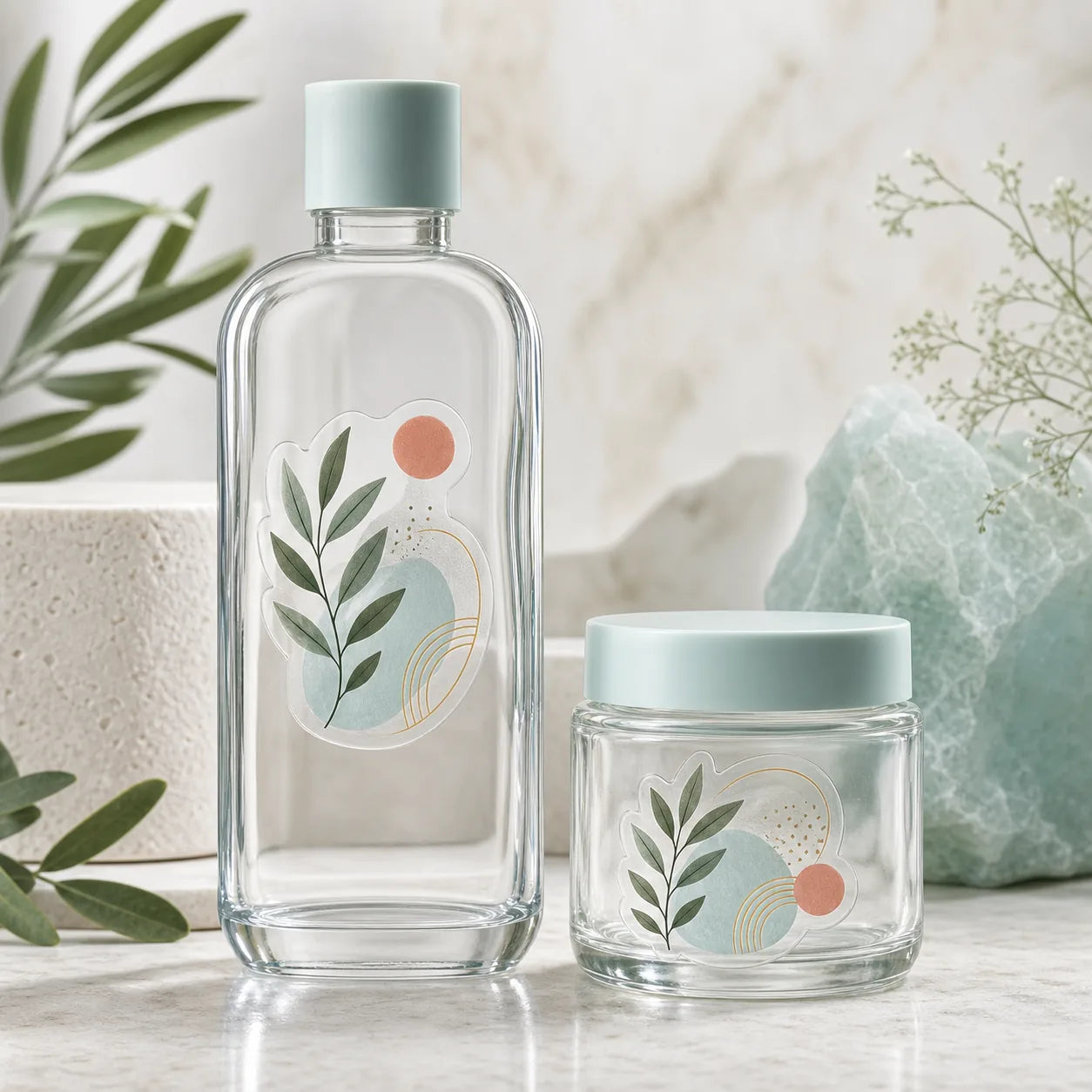 Complete clear stickers on a glass bottle and jar