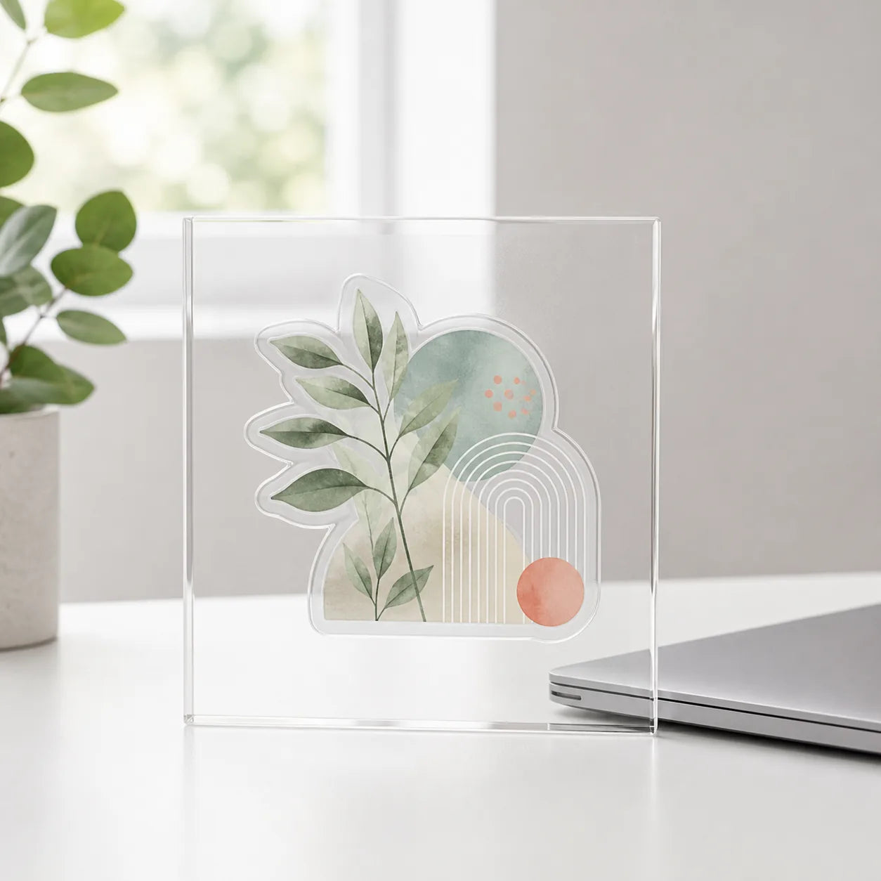Complete clear sticker on an acrylic display beside a laptop