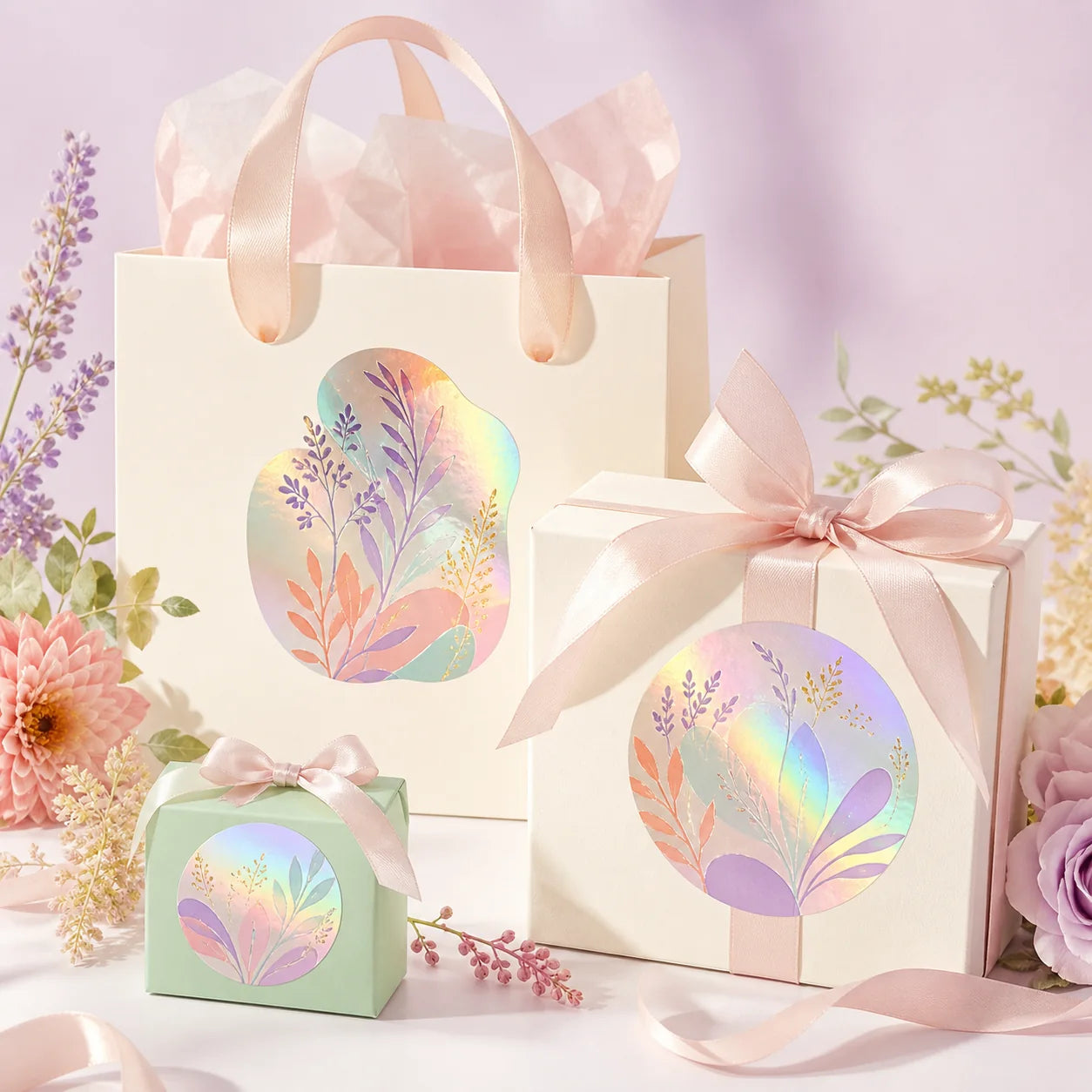 Complete holographic stickers on a coordinated event bag and box