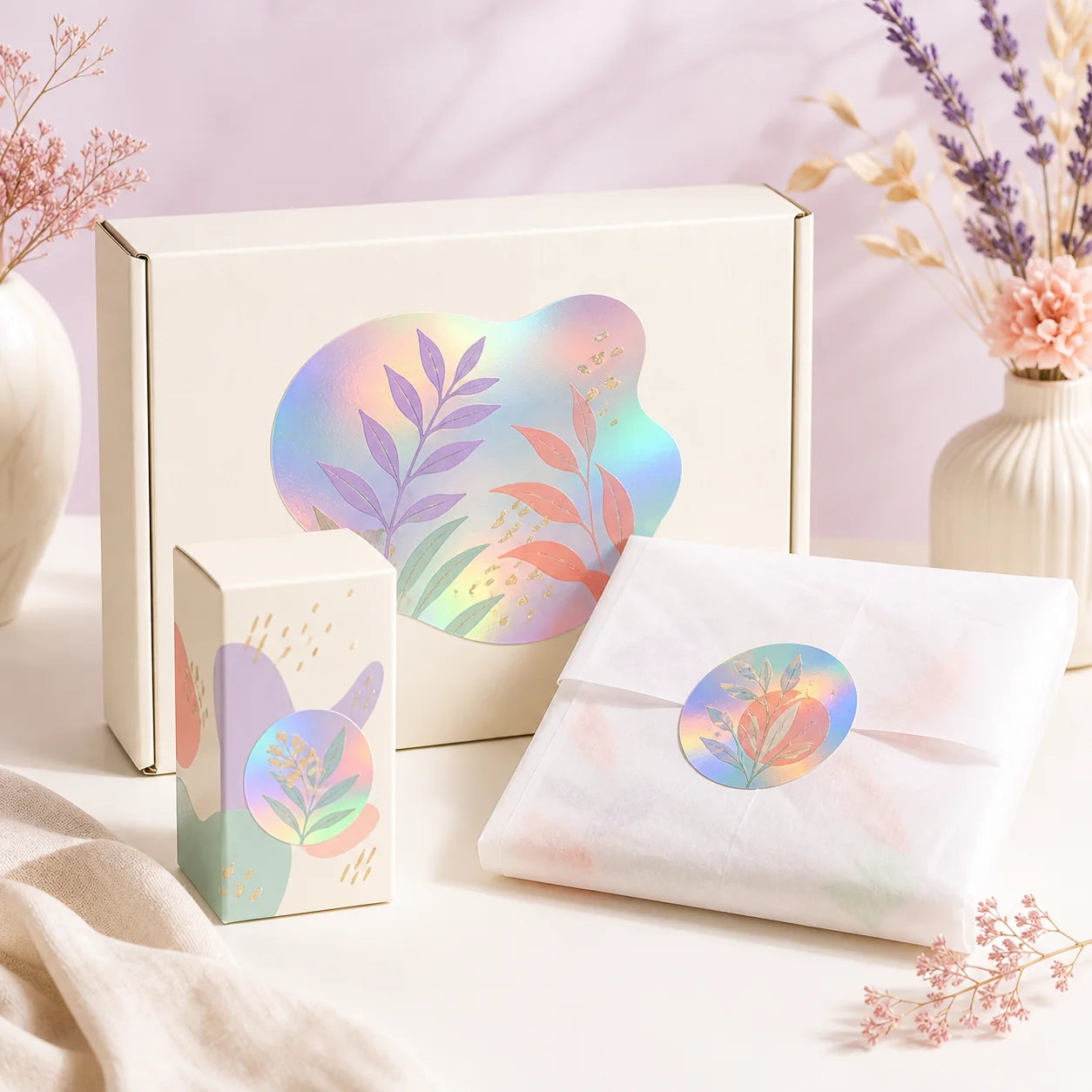 Complete holographic sticker on a creator mailer box
