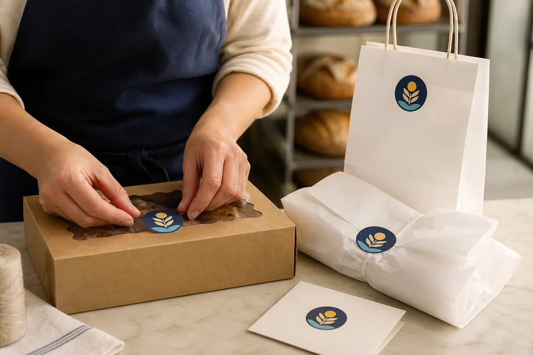 Coordinated custom stickers applied to a bakery box, bag and packaging card