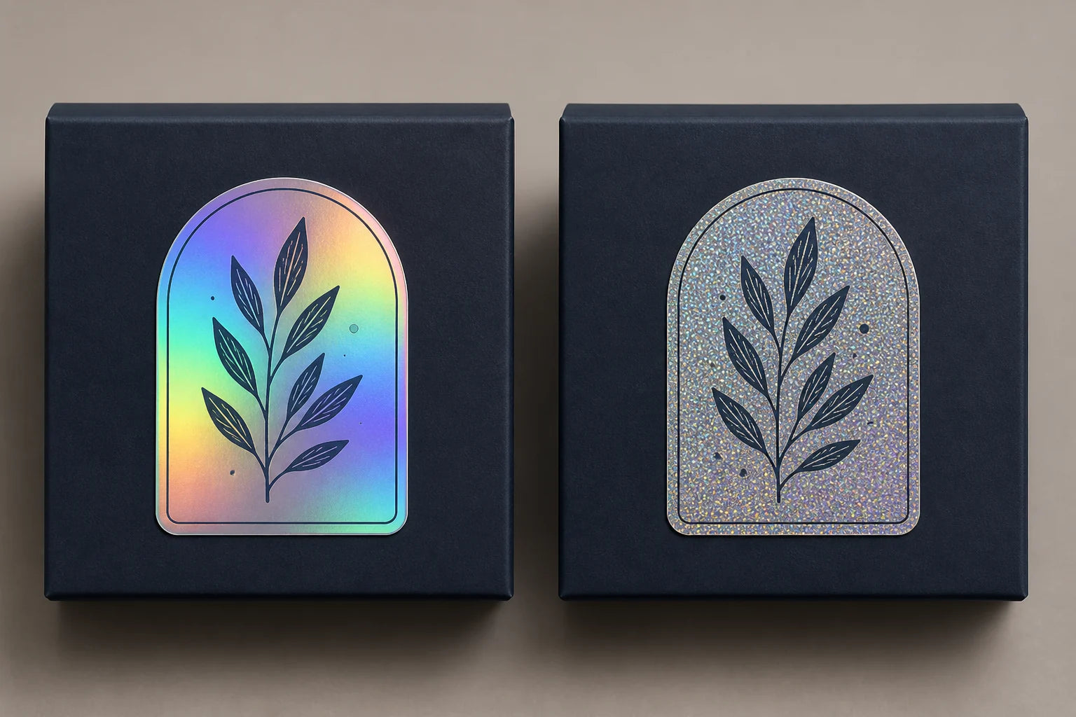 Matching botanical stickers comparing a smooth holographic rainbow shift with fine glitter sparkle