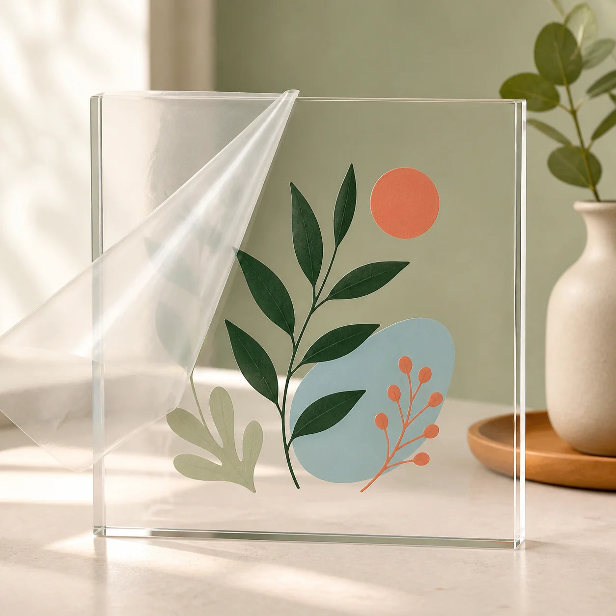 Carrier film peeling away from aligned botanical transfer artwork on an acrylic display