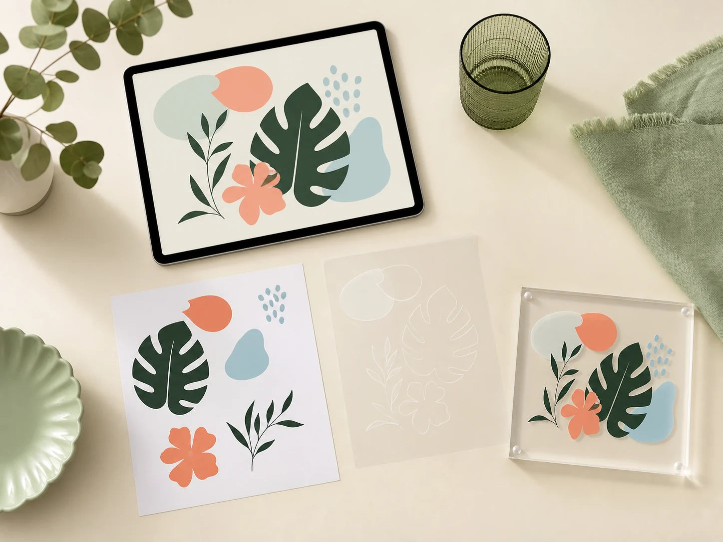 Transfer artwork preparation shown across a tablet, proof sheet, carrier sample, and acrylic test tile