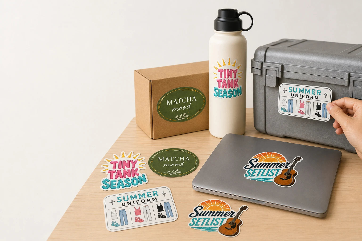 Custom stickers applied across packaging, a laptop, a reusable bottle and a sticker sheet