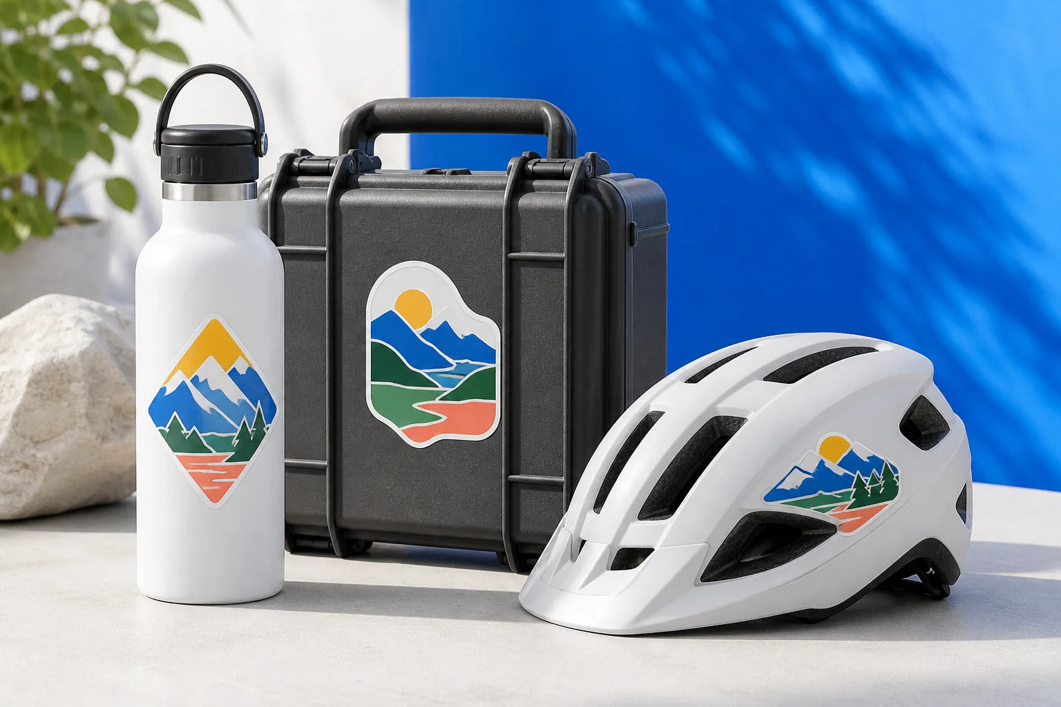 Custom stickers on outdoor gear, bottles and hard equipment