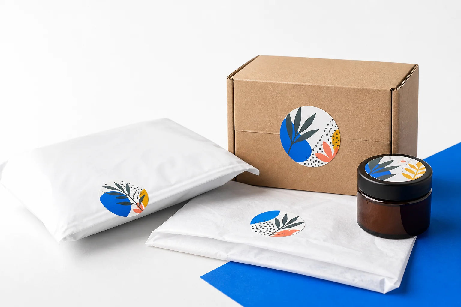 Custom brand stickers applied to boxes, mailers and product packaging