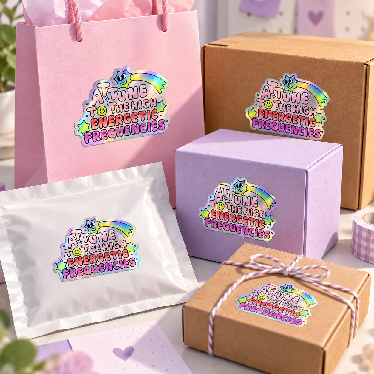 Matching holographic artwork applied to gift bags and boxes for an event