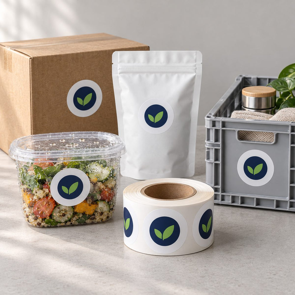 White roll labels on a shipping box, a coffee pouch, a food tub with condensation and a storage crate