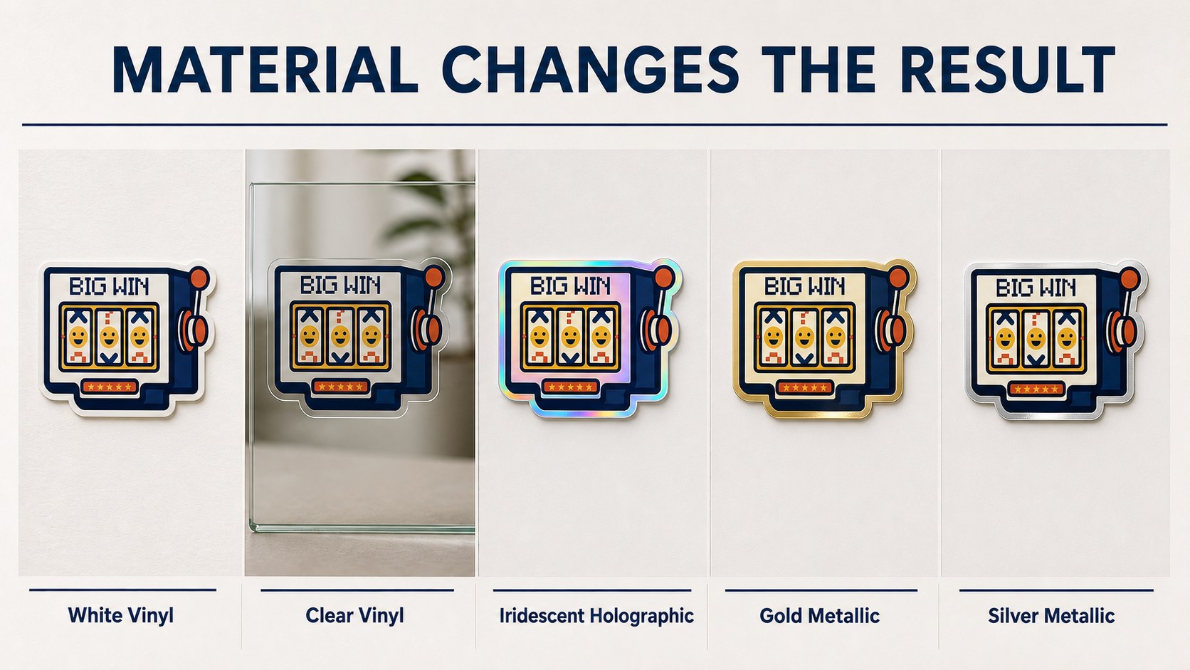 Same BIG WIN sticker design compared across white, clear, holographic, glitter, gold, and silver material effects