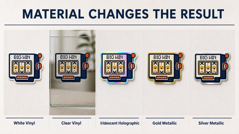 Same BIG WIN sticker design compared across white, clear, holographic, glitter, gold, and silver material effects