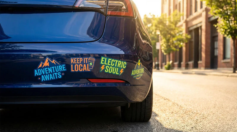 Custom bumper stickers displayed on a vehicle