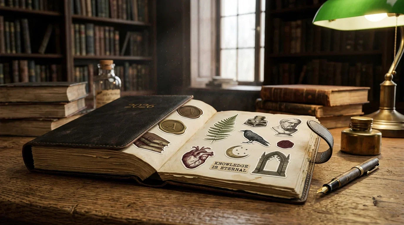 A realistic photo of an open 2026 planner on a Dark Academia wooden desk surrounded by antiquarian books and vintage stationery