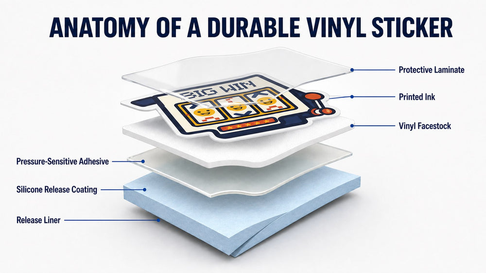 Finished sticker construction: laminate and printed ink sit above the vinyl facestock; adhesive, release coating, and liner control application and converting.