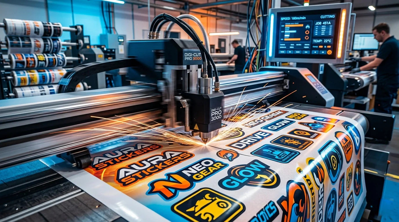 A dynamic close-up of a modern digital die-cutting machine precisely cutting vibrant custom vinyl stickers, symbolizing speed and precision in printing.