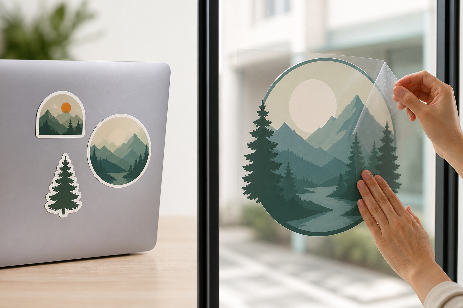 Small die-cut laptop stickers compared with a large transfer decal being applied to a window
