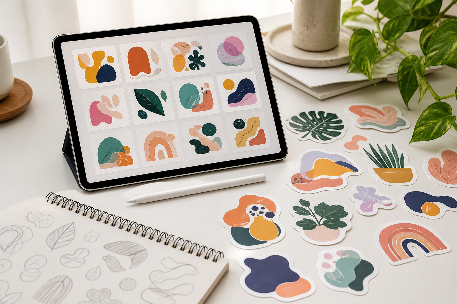 AI-assisted sticker design workspace with a tablet, sketchbook, stylus, and printed die-cut stickers