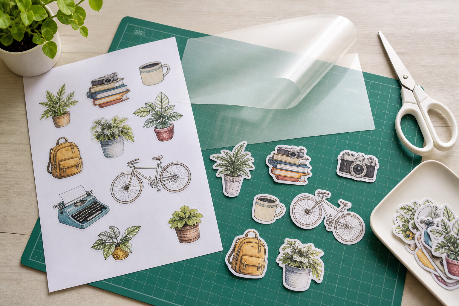 DIY sticker-making workspace with printed designs, scissors, laminate, cutting mat, and finished stickers
