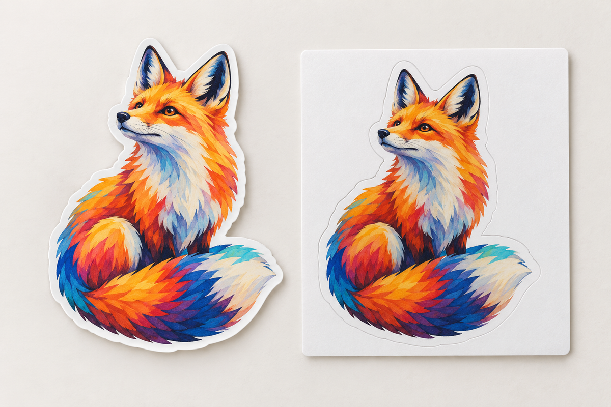 Die-cut and kiss-cut versions of the same colorful fox sticker
