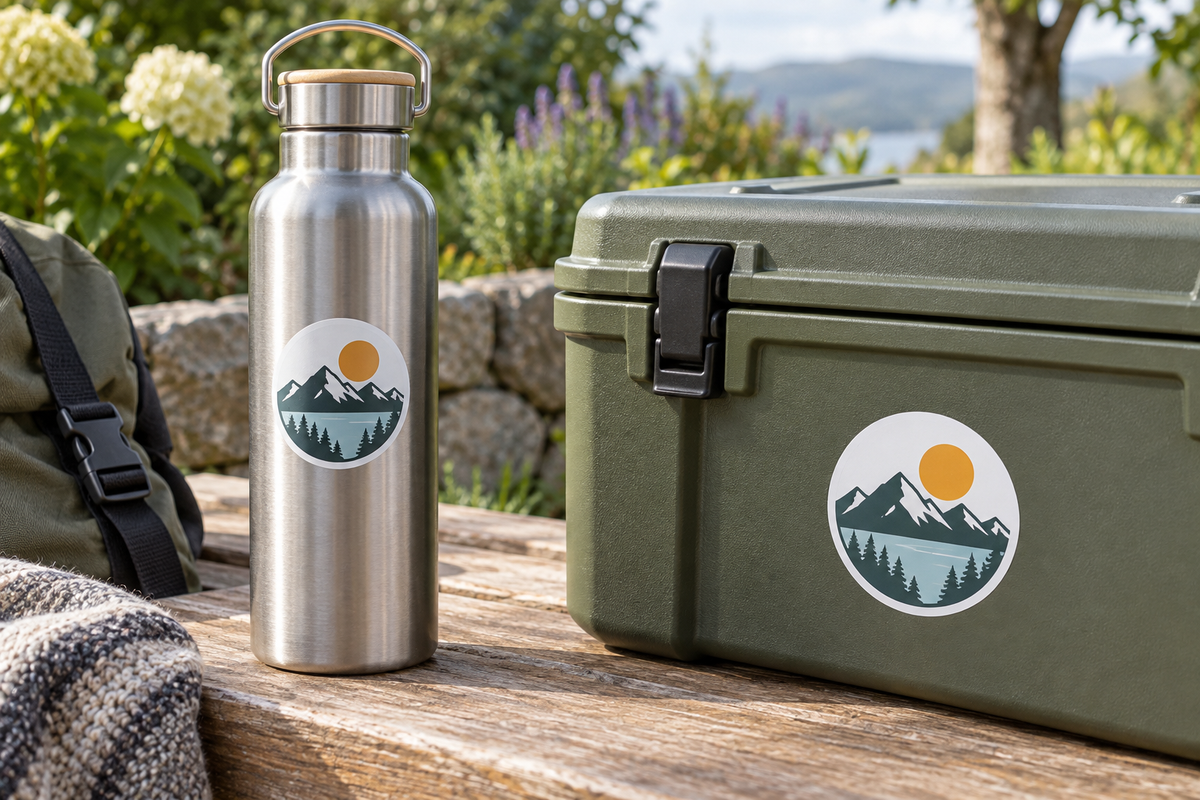 Illustrative mountain stickers on a stainless bottle and outdoor equipment case