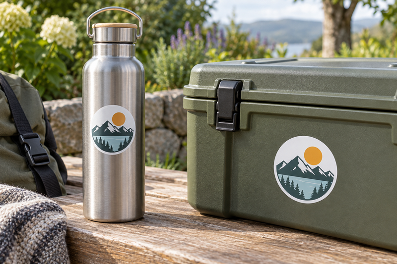 Illustrative mountain stickers on a stainless bottle and outdoor equipment case
