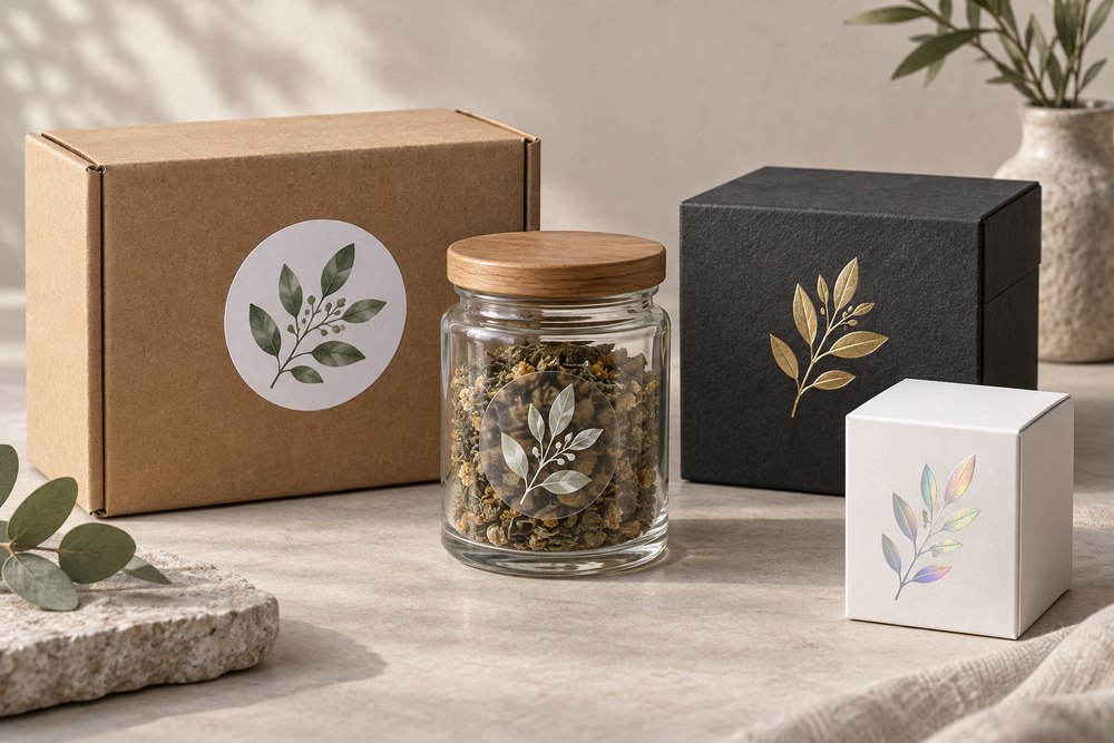 Illustrative white, clear, gold metallic and holographic botanical stickers on packaging