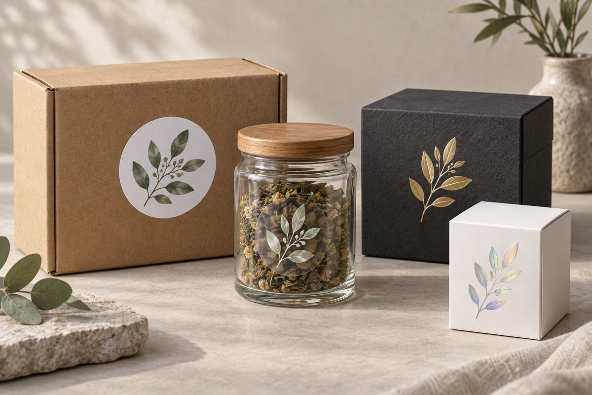 Illustrative white, clear, gold metallic and holographic botanical stickers on packaging