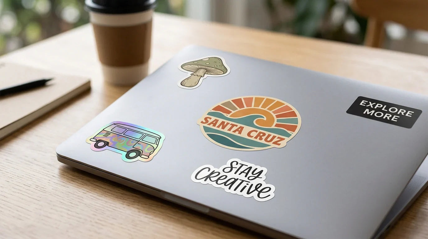 A real-world photo of a laptop with colorful vinyl stickers in a natural light setting