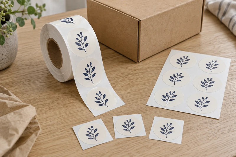 AI illustration of round botanical labels supplied on a roll, a sheet, and individual backing pieces beside a kraft box.