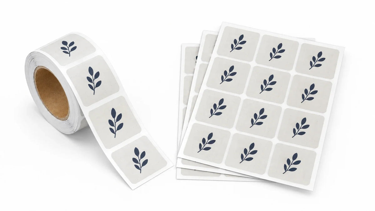 AI-generated illustration of matching rounded-square labels on a continuous roll and fanned sheets against a white background.