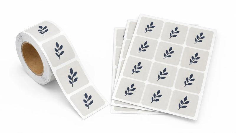 AI-generated illustration of matching rounded-square labels on a continuous roll and fanned sheets against a white background.