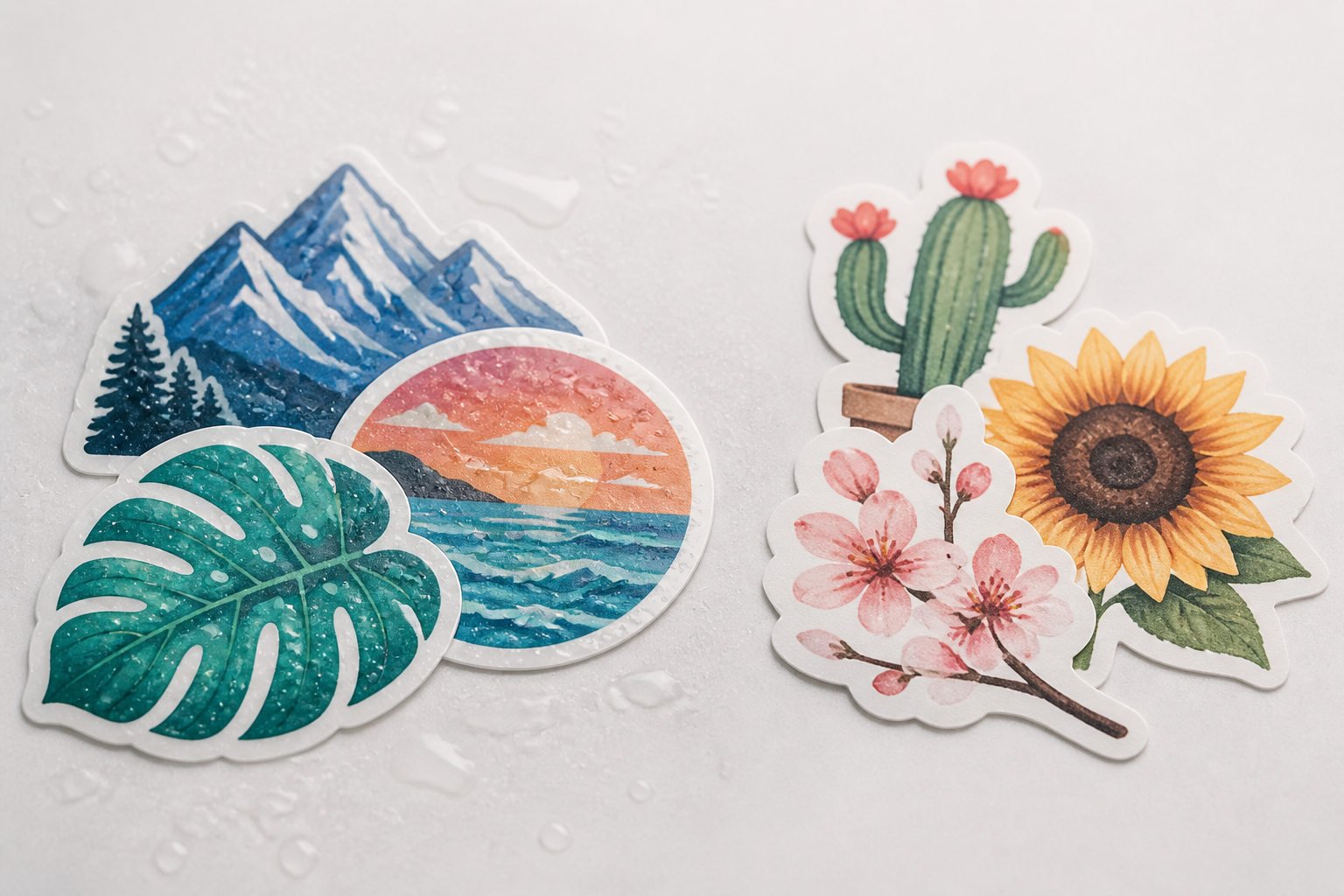 Water droplets bead on glossy waterproof vinyl stickers beside matte water-resistant paper stickers