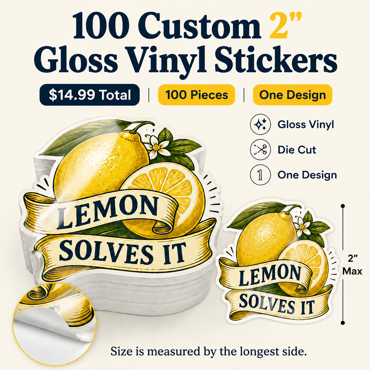100 custom 2-inch gloss vinyl stickers – 100 pieces, one design