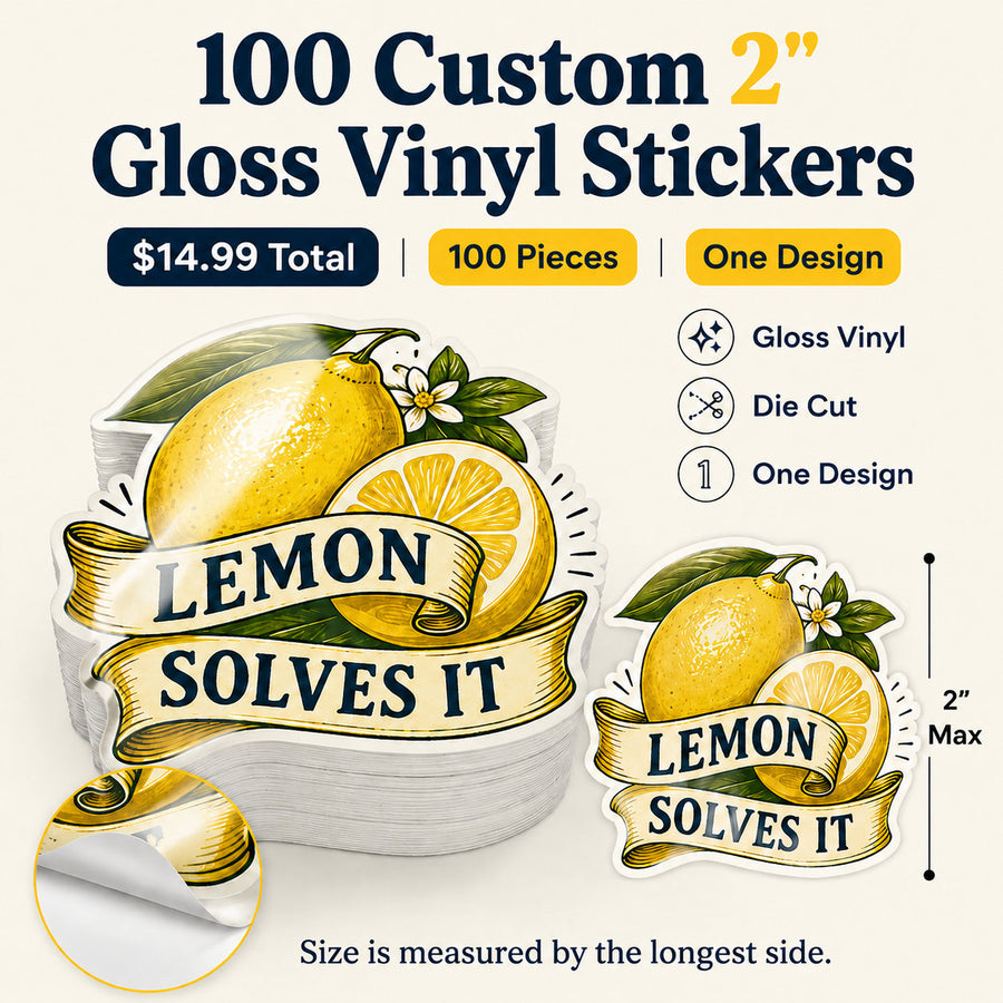 100 custom 2-inch gloss vinyl stickers – 100 pieces, one design