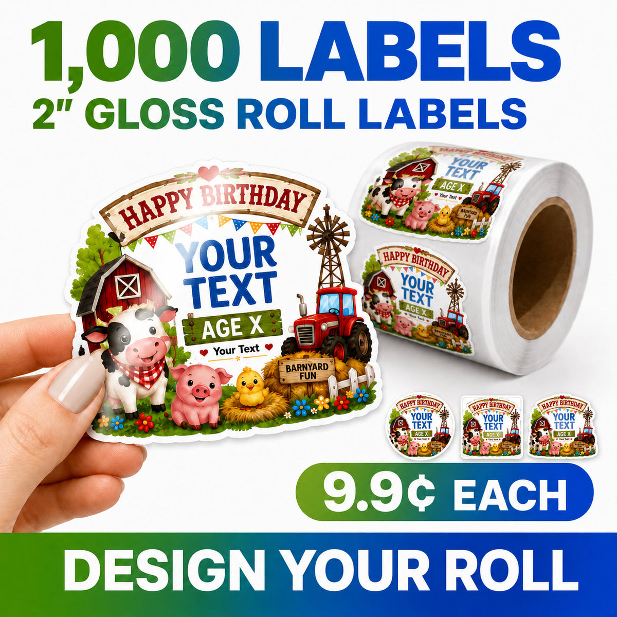 1000 custom 2-inch gloss roll labels – 9.9 cents each