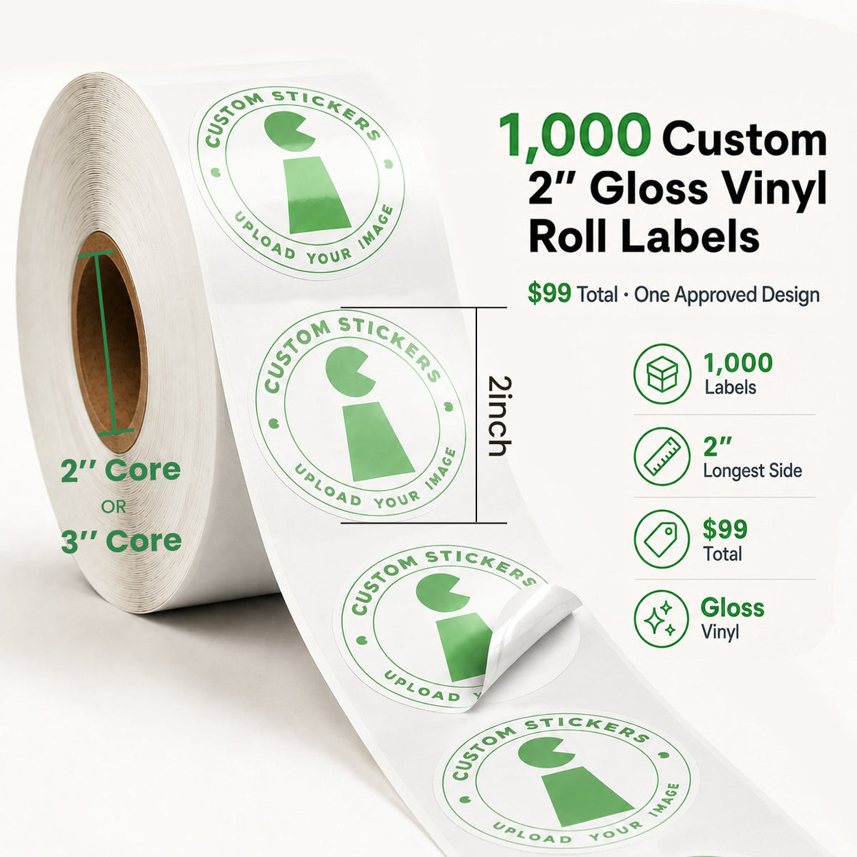 1000 custom 2-inch gloss vinyl roll labels with 2-inch or 3-inch core