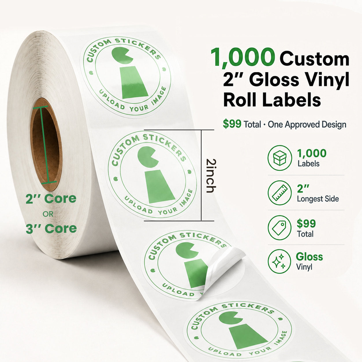 1000 custom 2-inch gloss vinyl roll labels with 2-inch or 3-inch core