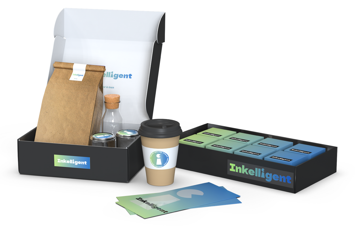 Custom stickers arranged with branded packaging for a business project
