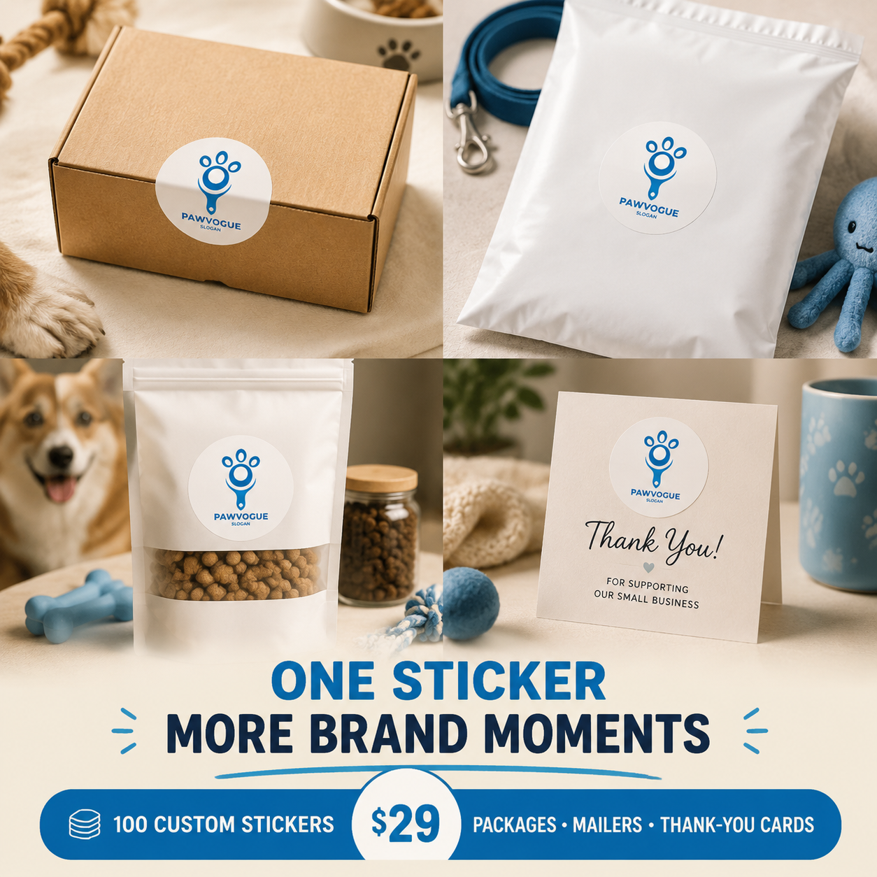 100 custom gloss vinyl stickers for branded packaging, mailers and thank-you cards