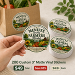 200 custom 3-inch matte vinyl stickers with a farmers market design, priced at $49 total