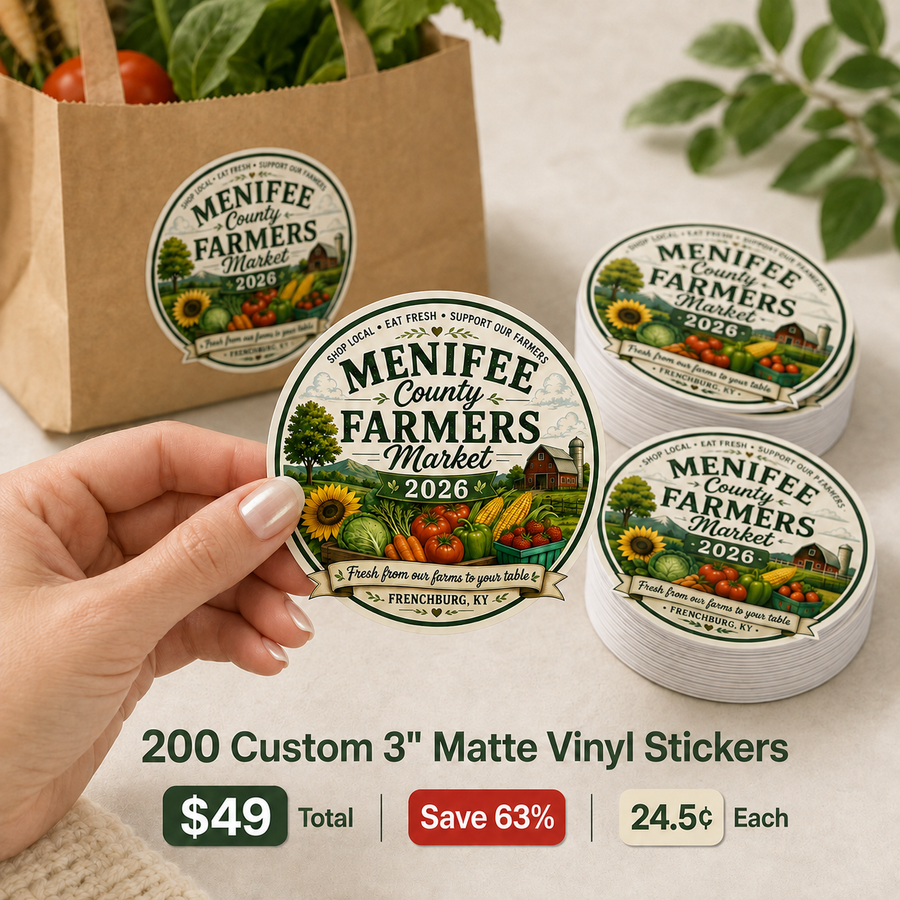 200 custom 3-inch matte vinyl stickers with a farmers market design, priced at $49 total